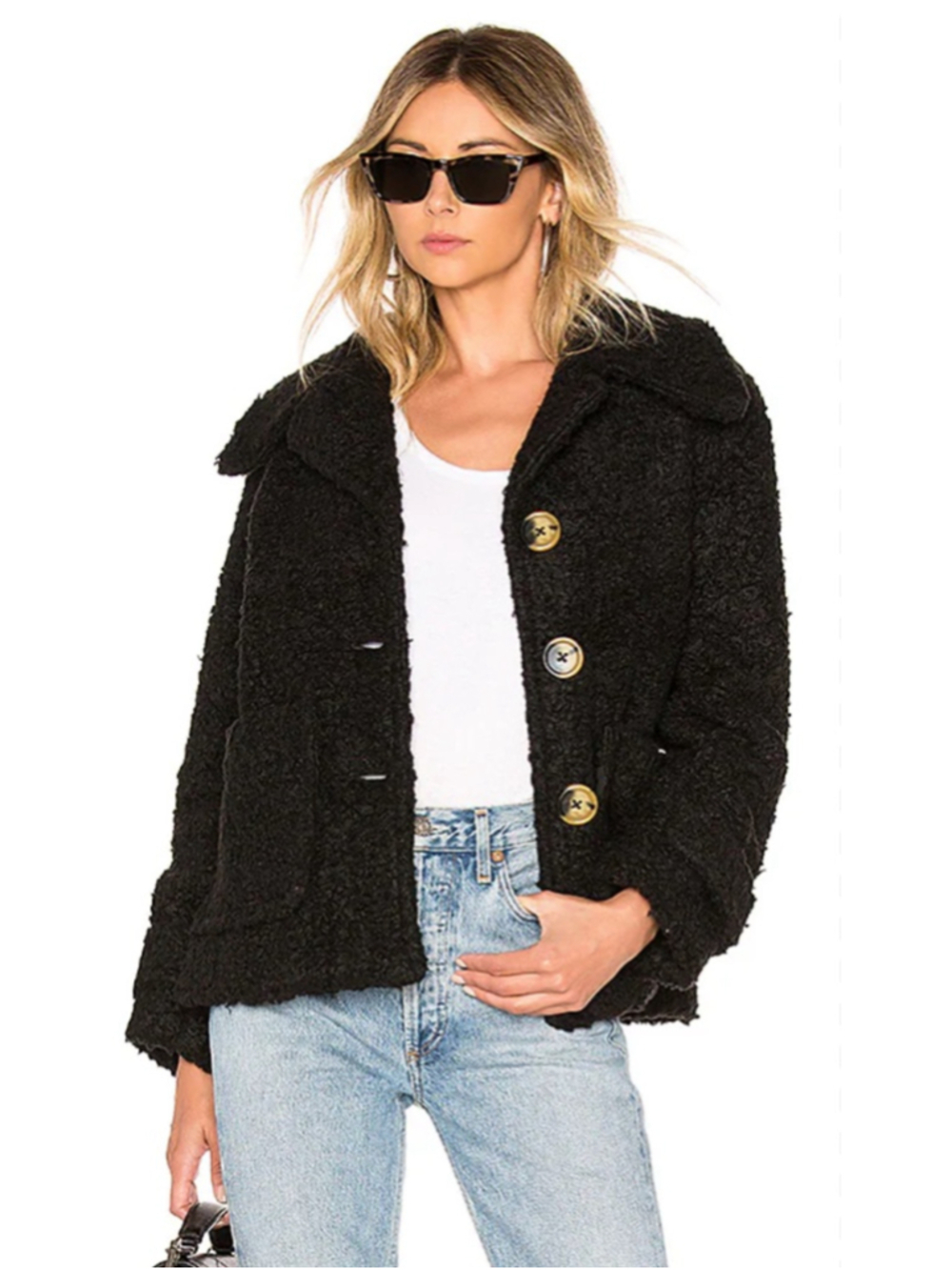 Free People Teddy Sherpa Peacoat Jacket Black Cozy Large